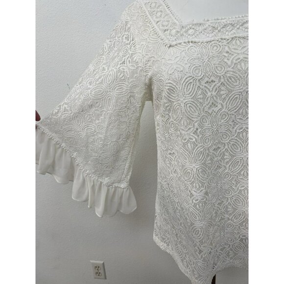 White House Black Market Lined White Lace Top Chiffon Ruffle Sleeves Sze S - Picture 6 of 16